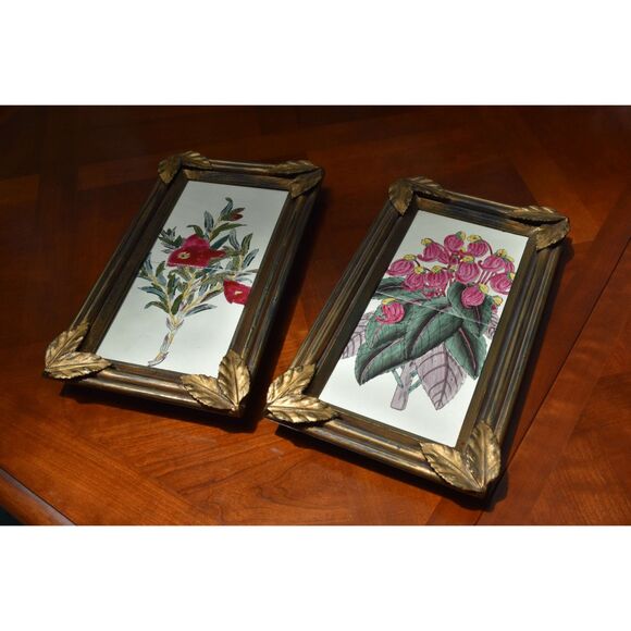 John Richard Luxury Botanical Wall Plaques Set 2 Gilded Frames Ceramic Tiles - Picture 1 of 7